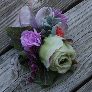 Set of 2 Realistic Corsages in Pastel Spring Colors, Sage Green Rosebud, Purple, Orange, & Lavender Accent Flowers