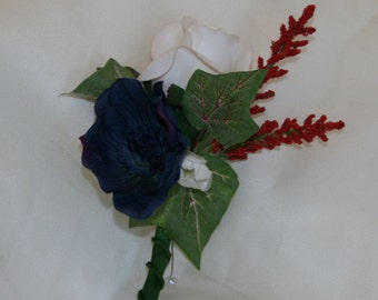 Set of 3 Realistic, Patriotic Red White Navy Blue Pin-on Rosebud Boutonnieres Weddings Military Anniversary, 4th of July, etc., Prom,