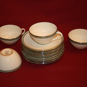 Set of 4 Cup with Saucer in Lenox Adrienne PLUS 5  Bread and Butter or Dessert Plates in Green Floral w Platinum Rims CIRCA 1966 - 1983