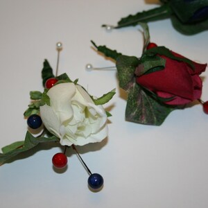 SET of 3 Patriotiic Silk Rose Boutonnieres Red, White & Blue -  Wedding Bouts, Button Holes,  Graduation, Anniversary, Proms