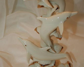 Vintage in Box China and Gold Lenox Nautical Decor "Wave Dancers" 3 Dolphins in the Surf Figurine 9 1/4" High