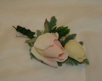 Realistic True Touch Rosebud, Tulip and Hops Spring Colors Pink and Yellow Flowers Pin-On Boutonniere Wedding, Graduation, Anniversary, Prom