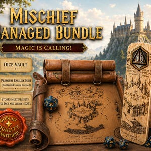 May include: A Mischief Managed Bundle featuring a brown leather-style dice rolling tray and a wooden dice vault engraved with The Marauders Map and a Deathly Hallows symbol. Includes dark blue polyhedral dice with gold numbering and a red wax seal.