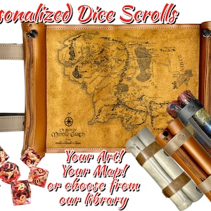 May include: A brown leather dice rolling tray with a map of Middle-earth printed on it. The tray is rolled up and has a strap to secure it. There are also four dice rolling tubes with different colored leather straps. The text "Your Art! Your Map! or choose from our library" is printed on the bottom of the image.