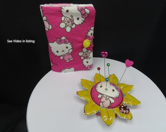 Pink Hello Kitty NEEDLEBOOK w/Stork Scissors & Frame PINCUSHION SET, Handmade, Sewing, Gift, Unique, Abstract, Crafting. A super fun set.