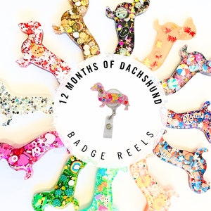 Interchangeable 12 Months of Dachshunds Badge Reels|Holiday Dachshund Badge Reels w/ Velcro or Magnets
