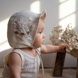 Wildflower Embroidered Linen Baby Bonnet, Hand Embroidered Linen Bonnet, Hand Embroidered Linen Bonnet, Baby Brim Bonnet, Custom Baby Bonnet