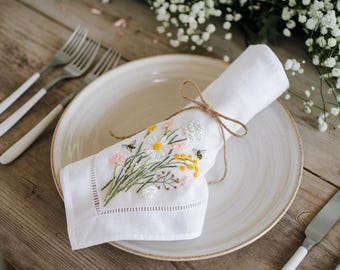 Personalized Rustic Hand Embroidered Napkins, Handmade Linen Napkins, Floral Napkins Wedding Gift, Handmade Table Decor, Housewarming Gift