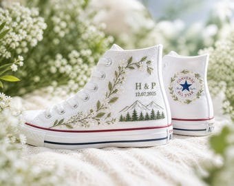 Zapatos Converse de boda bordados a medida, zapatillas de novia personalizadas con nombre y fecha, zapatos florales bordados a mano