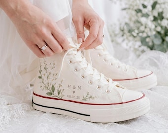 Custom Embroidered Wedding Converse Shoes, Personalized Bride Sneakers with Names & Date, Hand Embroidered Floral Shoes