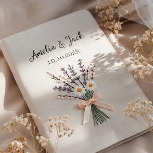 Custom Embroidered Wedding Guest Book, Personalized Linen Wedding Notebook, Hand Embroidery Wildflower Journal, Rustic Wedding Keepsake