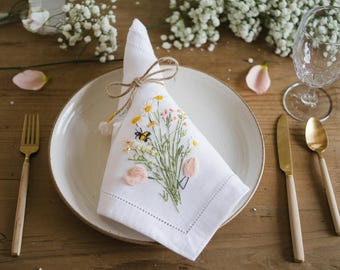 Personalized Rustic Hand Embroidered Napkins, Handmade Linen Napkins, Floral Napkins Wedding Gift, Handmade Table Decor, Housewarming Gift