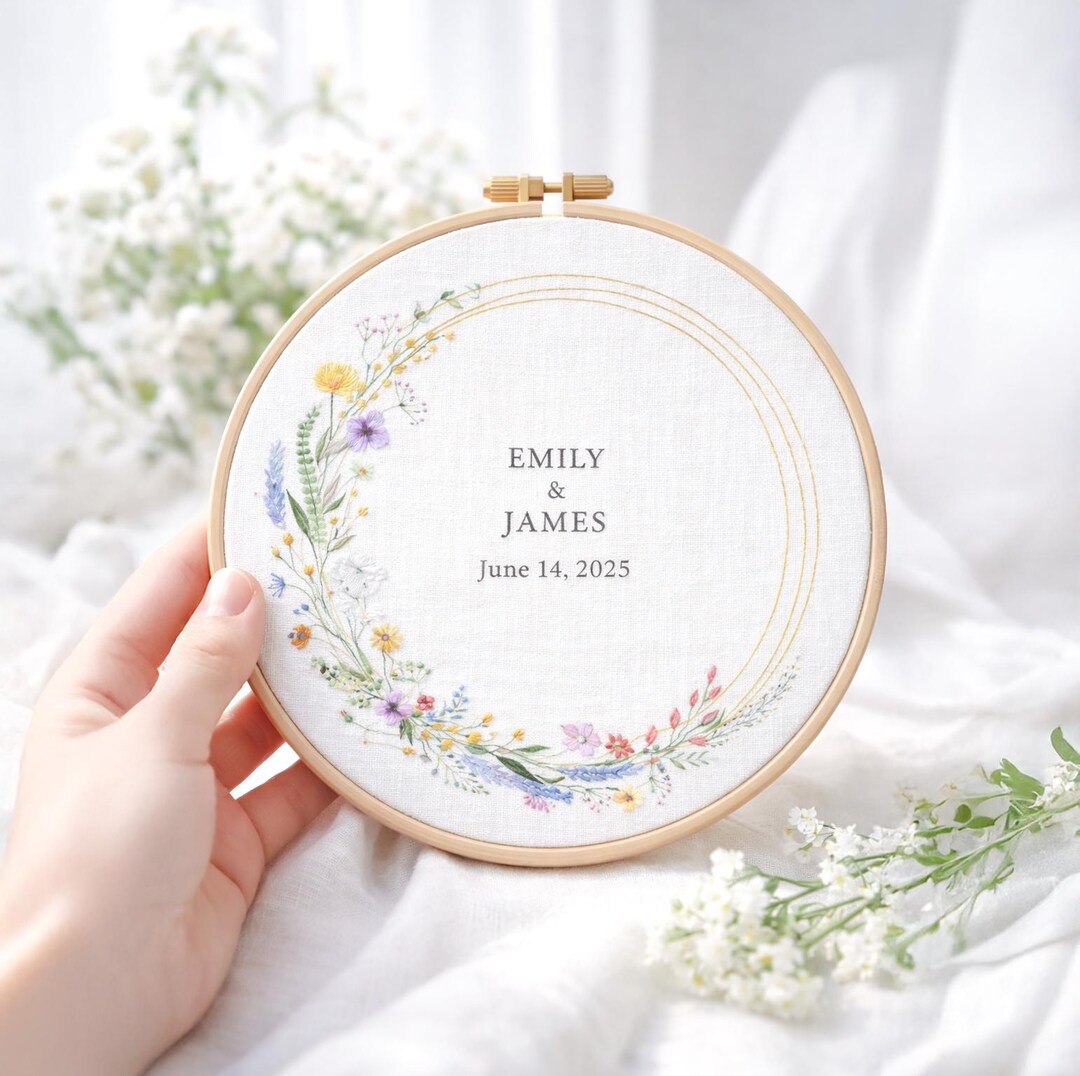 Personalized Wedding Embroidery Hoop, Custom Names & Date Floral Hoop ...