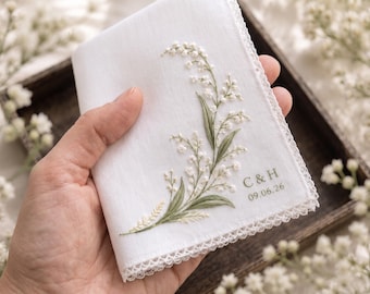 Personalized Embroidered Wedding Handkerchief, Custom Initials Linen Hanky, Lily of Valley Bridal Keepsake Gift for Bride and Groom Mom Gift