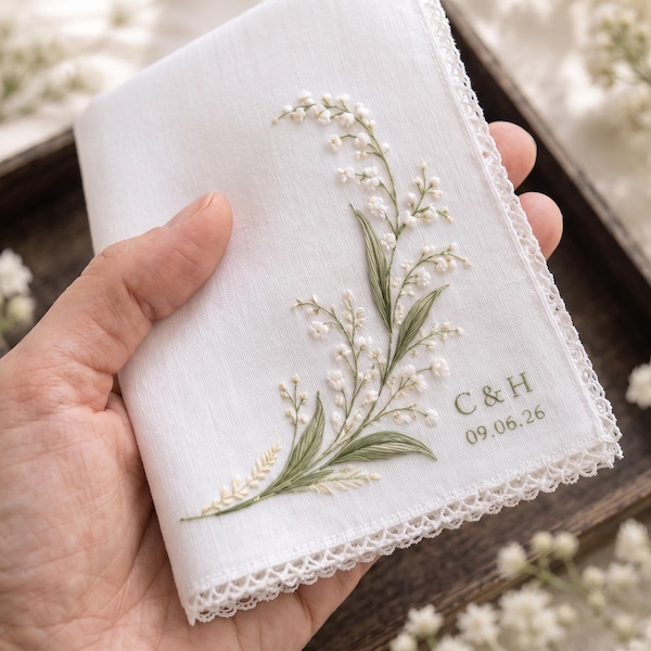 Personalized Embroidered Wedding Handkerchief, Custom Initials Linen Hanky, Lily of Valley Bridal Keepsake Gift for Bride and Groom Mom Gift