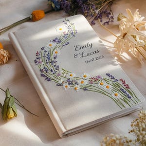 Custom Embroidered Wedding Guest Book, Personalized Linen Wedding Notebook, Hand Embroidery Wildflower Journal, Rustic Wedding Keepsake