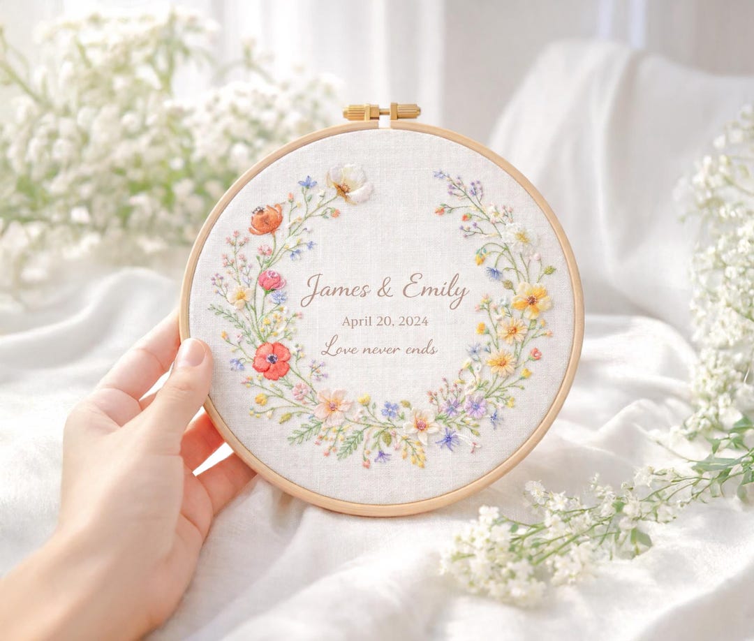 Personalized Wedding Embroidery Hoop, Custom Names & Date Floral Hoop ...