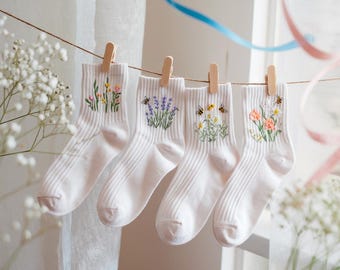 Embroidered Flower Socks | Custom Cotton Socks | Personalized Handmade Gift for Women, Bridesmaids, Handmade Embroidered Socks