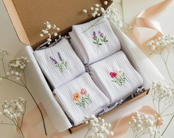 Embroidered Flower Socks | Custom Cotton Socks | Personalized Handmade Gift for Women, Bridesmaids, Handmade Embroidered Socks