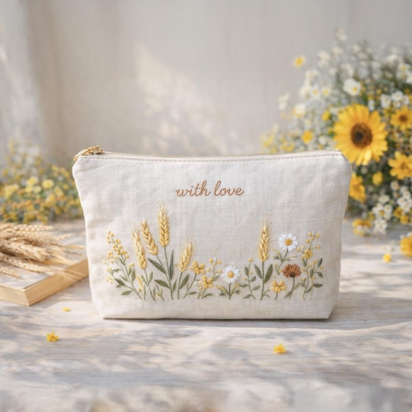 Neceser bordado a mano con bordado floral, neceser de cosméticos floral, neceser de maquillaje vintage, estuche con cremallera, regalo de Navidad, regalo para damas de honor