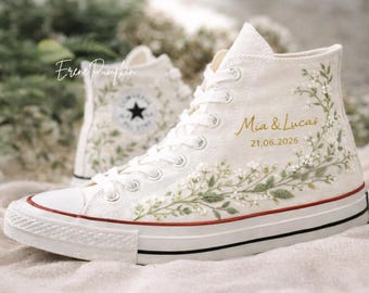 Chaussures Converse de mariage brodées sur mesure, baskets de mariée personnalisées avec noms et date, chaussures florales brodées à la main