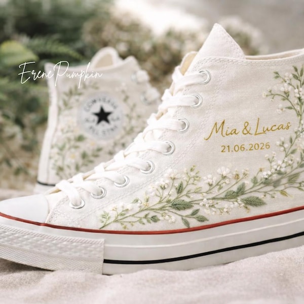 Individuell gestickte Hochzeitsschuhe, personalisierte Brautschuhe mit Namen & Datum, handgestickte Blumenschuhe