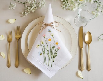 Personalized Rustic Hand Embroidered Napkins, Handmade Linen Napkins, Floral Napkins Wedding Gift, Handmade Table Decor, Housewarming Gift