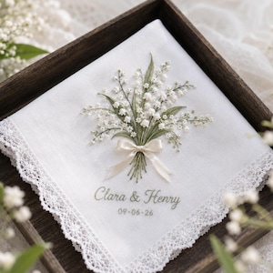 Mouchoir de mariage brodé personnalisé, mouchoir de poche en lin personnalisé, cadeau souvenir de mariée muguet pour les mariés, maman, papa, souvenirs