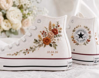 Autumn Wedding Embroidered Converse Shoes, Custom Bride Sneakers, Hand Embroidered Leaf Floral Bridal High Tops, Personalized Fall Gift Shoe