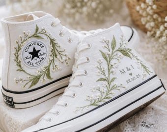Zapatos Converse de boda bordados a medida, zapatillas de novia personalizadas con nombre y fecha, zapatos florales bordados a mano