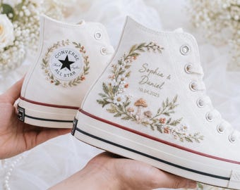 Custom Wedding Embroidered Converse Shoes, Personalized Bride Sneakers, Mushroom Floral Bridal High Tops, Hand Embroidered Fall Wedding Gift