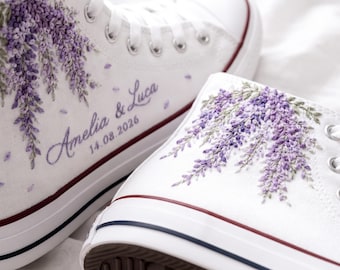 Custom Embroidered Wedding Converse Shoes, Personalized Bride Sneakers with Names & Date, Hand Embroidered Purple Embroidered Floral Shoes