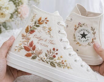 Autumn Wedding Embroidered Converse Shoes, Custom Bride Sneakers, Hand Embroidered Leaf Floral Bridal High Tops, Personalized Fall Gift Shoe