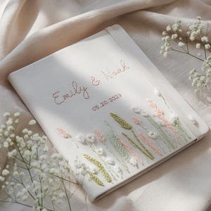 Personalized Handmade Floral Notebook, Hand Embroidered Floral MemoryBook, Linen Wedding Guest Book, Landscape Notebook, Hardbound Scrapbook