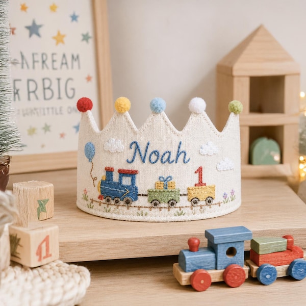 Personalized Embroidered Birthday Crown Hat, Custom Linen Baby Birthday Crown, First Birthday Train Crown, Keepsake Toddler Birthday Gift