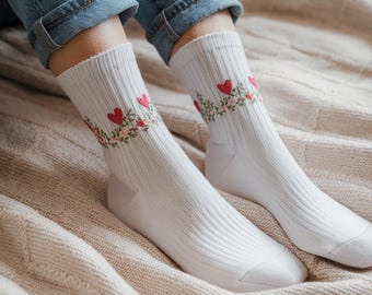 Embroidered Flower Socks | Custom Cotton Socks | Personalized Handmade Gift for Women, Bridesmaids, Handmade Embroidered Socks