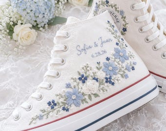 Custom Embroidered Wedding Converse Shoes, Personalized Bride Sneakers with Names & Date, Hand Embroidered Floral Shoes, Handmade Embroidery
