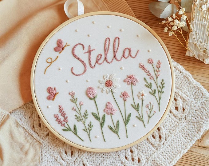 Custom Embroidered Floral Hoop, Hand Embroidered Hoop Art, Baby Hoop Art, Anniversary Hoop, Birthday Decor, Baby Embroidered Gift