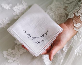 Custom Embroidered Wedding Handkerchief – Handmade Linen Hanky with Personalized Quote – Gift for Bride, Groom, Parents