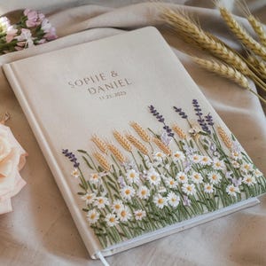 Personalized Embroidered Wedding Notebook, Custom Linen Guest Book, Hand Embroidery Floral Journal, Wedding Gift, Rustic Guest Book