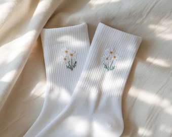 Embroidered Flower Socks | Custom Cotton Socks | Personalized Handmade Gift for Women, Bridesmaids, Handmade Embroidered Socks