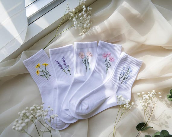 Embroidered Flower Socks | Custom Cotton Socks | Personalized Handmade Gift for Women, Bridesmaids, Handmade Embroidered Socks