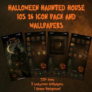 May include: A digital Halloween-themed product with a haunted house design. The image displays a phone screen with a spooky house, ghosts, and jack-o'-lanterns. The product includes 225+ icons, 3 lockscreen wallpapers, and 1 unique background. The text reads "Halloween Haunted House iOS 26 Icon Pack and Wallpapers."