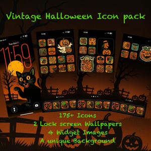 May include: A digital product showcasing a vintage Halloween icon pack. The image displays a phone screen with a black cat, full moon, and Halloween-themed app icons. The pack includes 175+ icons, 2 lock screen wallpapers, 4 widget images, and a unique background.