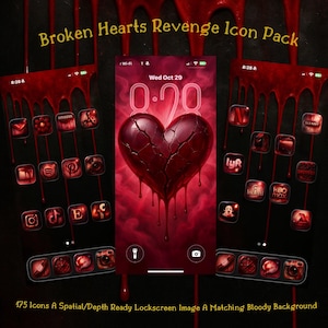 Pode incluir: Um produto digital com um coração partido e ícones de aplicativos. A imagem inclui o texto "Broken Hearts Revenge Icon Pack" e "175 Icons A Spatial/Depth Ready Lockscreen Image A Matching Bloody Background". O esquema de cores é vermelho e preto.