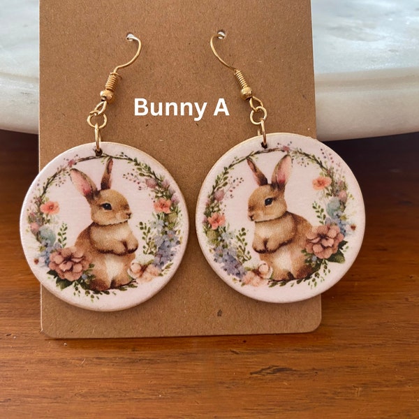 Earrings, Wooden Earrings, Dangling Earrings, Easter Earrings, Bunny Earrings, Springtime earrings.