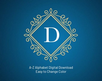 May include: A digital download featuring the letter "D" in a white, serif font, centered within a gold-coloured diamond-shaped frame. The frame is surrounded by an ornate, gold-coloured decorative border on a blue background. Text at the bottom reads "A-Z Alphabet Digital Download Easy to Change Colour."