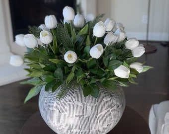 Real Touch White Tulip Faux Floral Arrangement with Vase - 2ft x 2ft - PompsandCircumstance.com Spring/Summer 2024