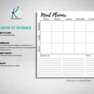 May include: A black and white printable meal planner with sections for Sunday to Friday, a grocery list, and notes. The planner includes headings for breakfast, lunch, and dinner.