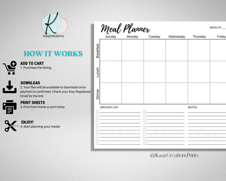 May include: A black and white printable meal planner with sections for Sunday to Friday, a grocery list, and notes. The planner includes headings for breakfast, lunch, and dinner.